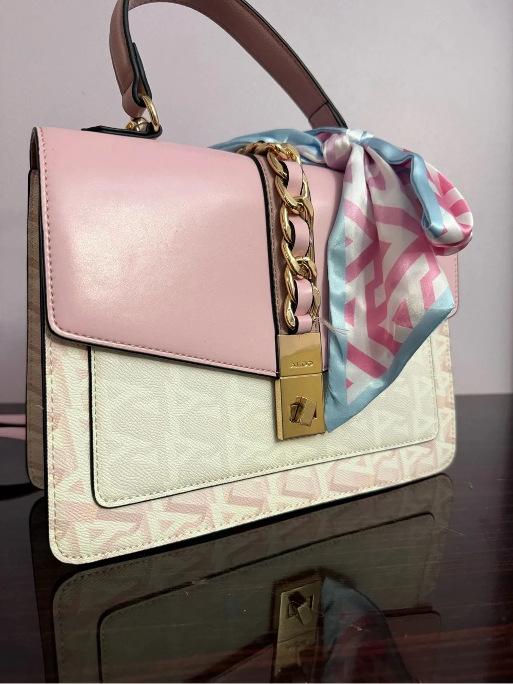 ALDO Pink & White Structured Top-Handle Satchel